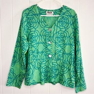 FLAX 100% Linen Rose Printed Jacket Lightweight Buttons Green Small LIKE NEW